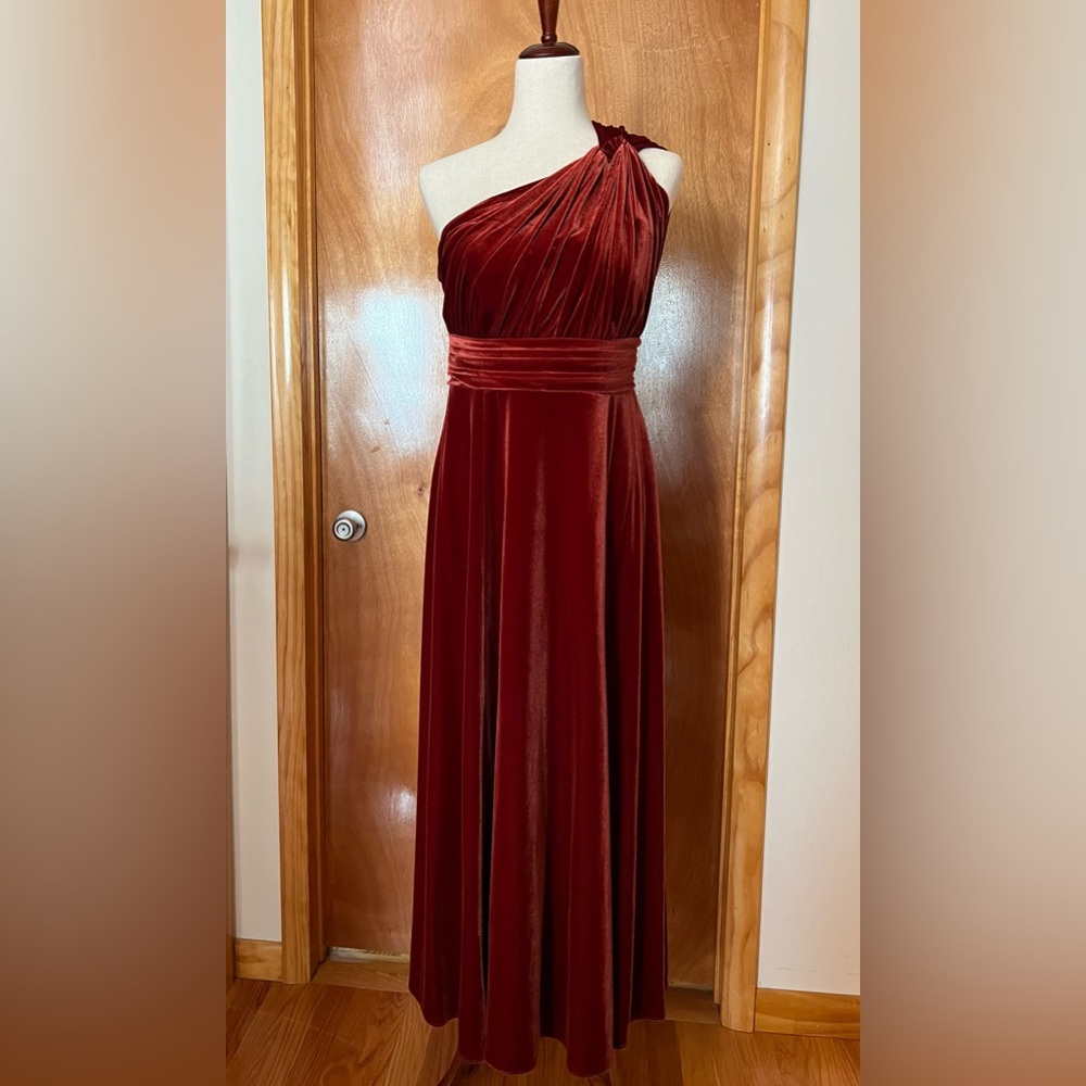 AZAZIE, 12S, Charlize, Terracotta Color, A-Line One Shoulder, Velvet Dress - EUC - Picture 2 of 5